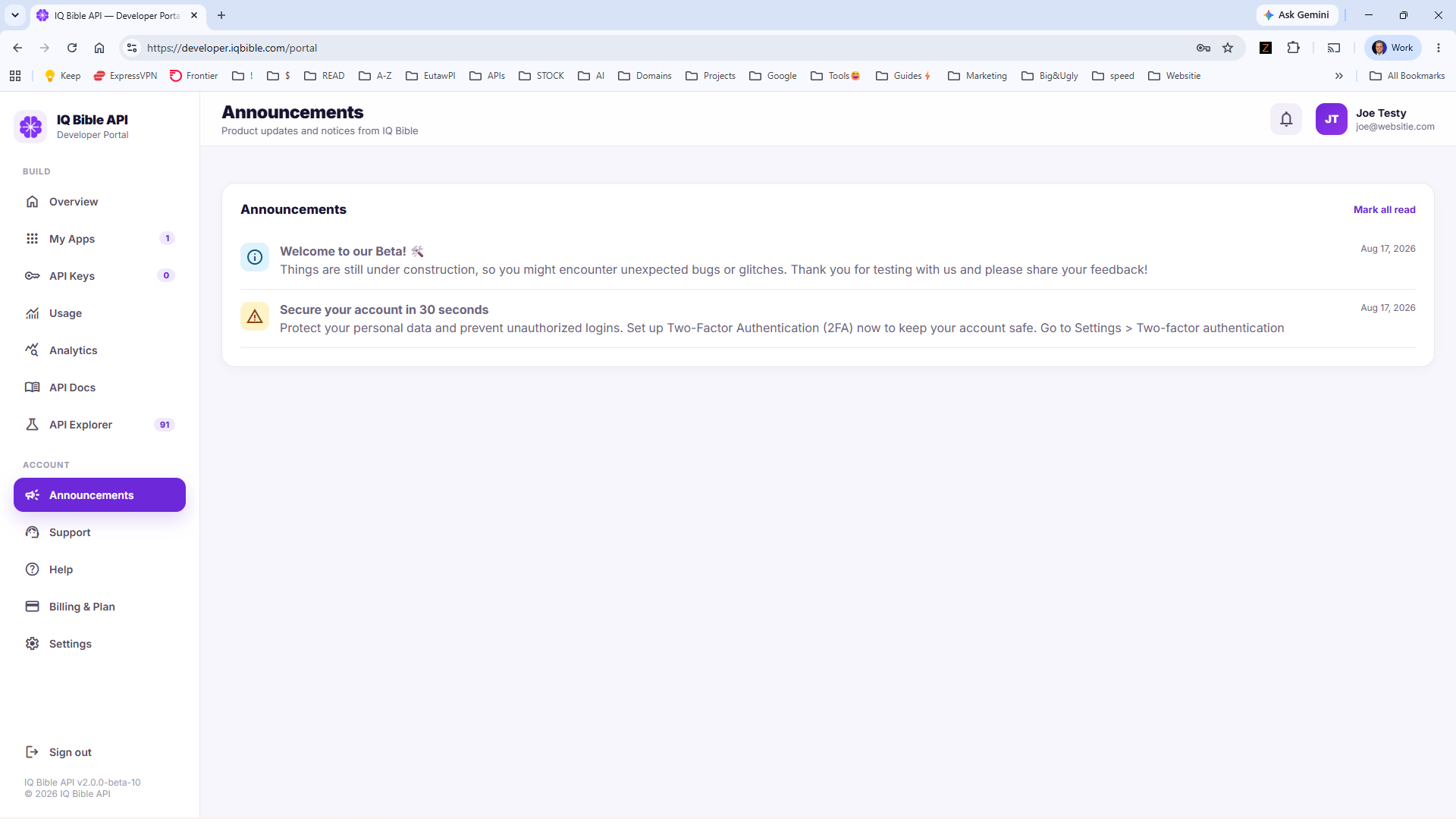 Announcements panel in the IQ Bible developer portal