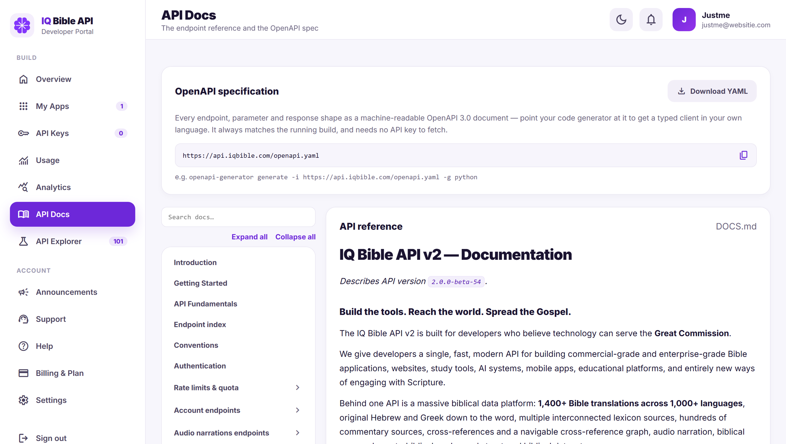 API Docs panel in the IQ Bible developer portal