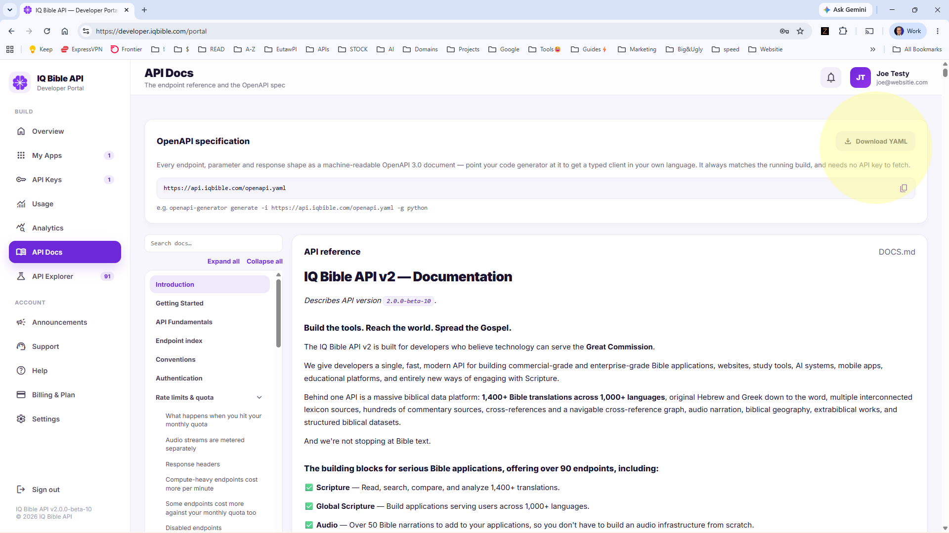 API Docs panel in the IQ Bible developer portal