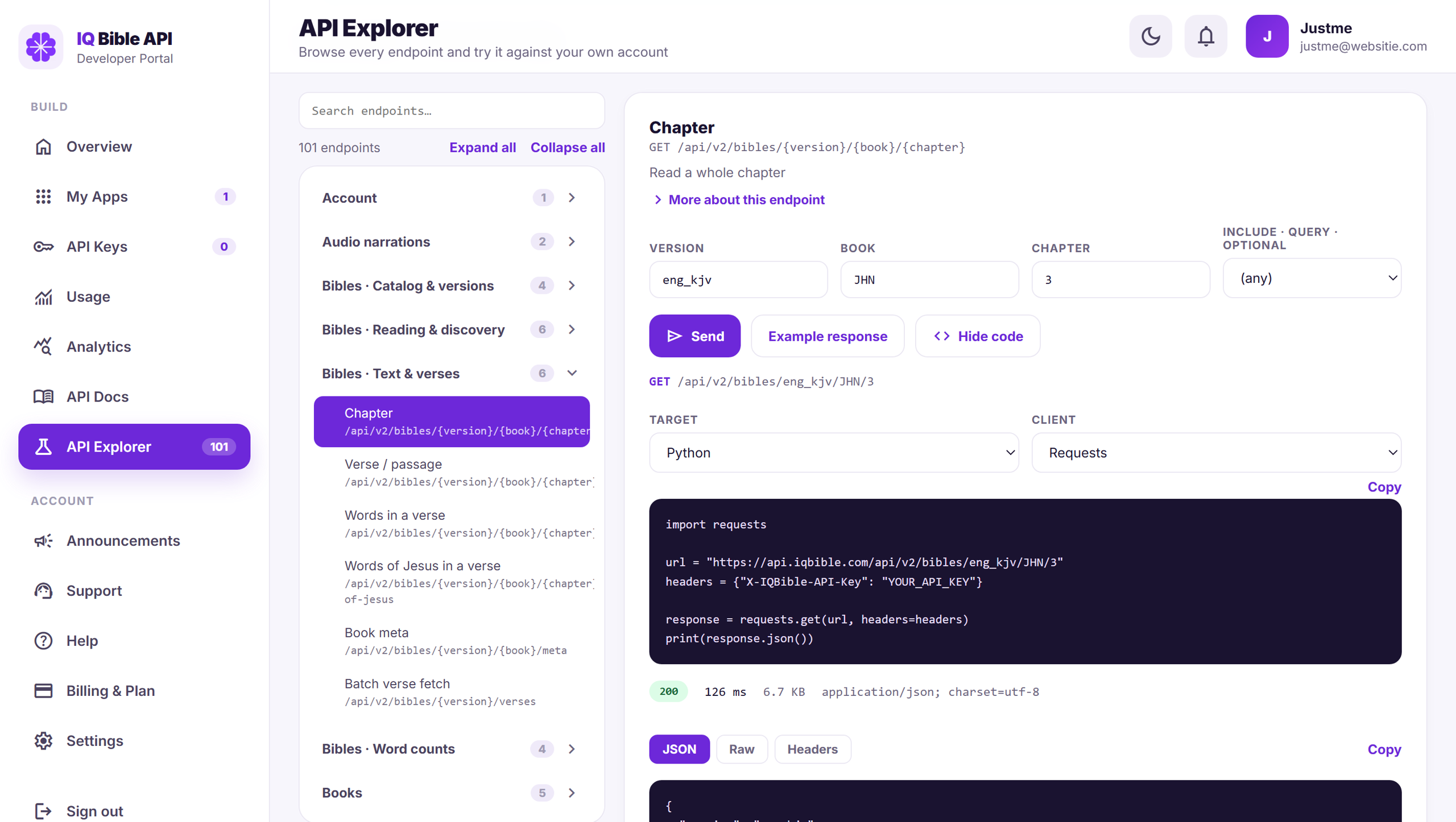 API Explorer panel in the IQ Bible developer portal