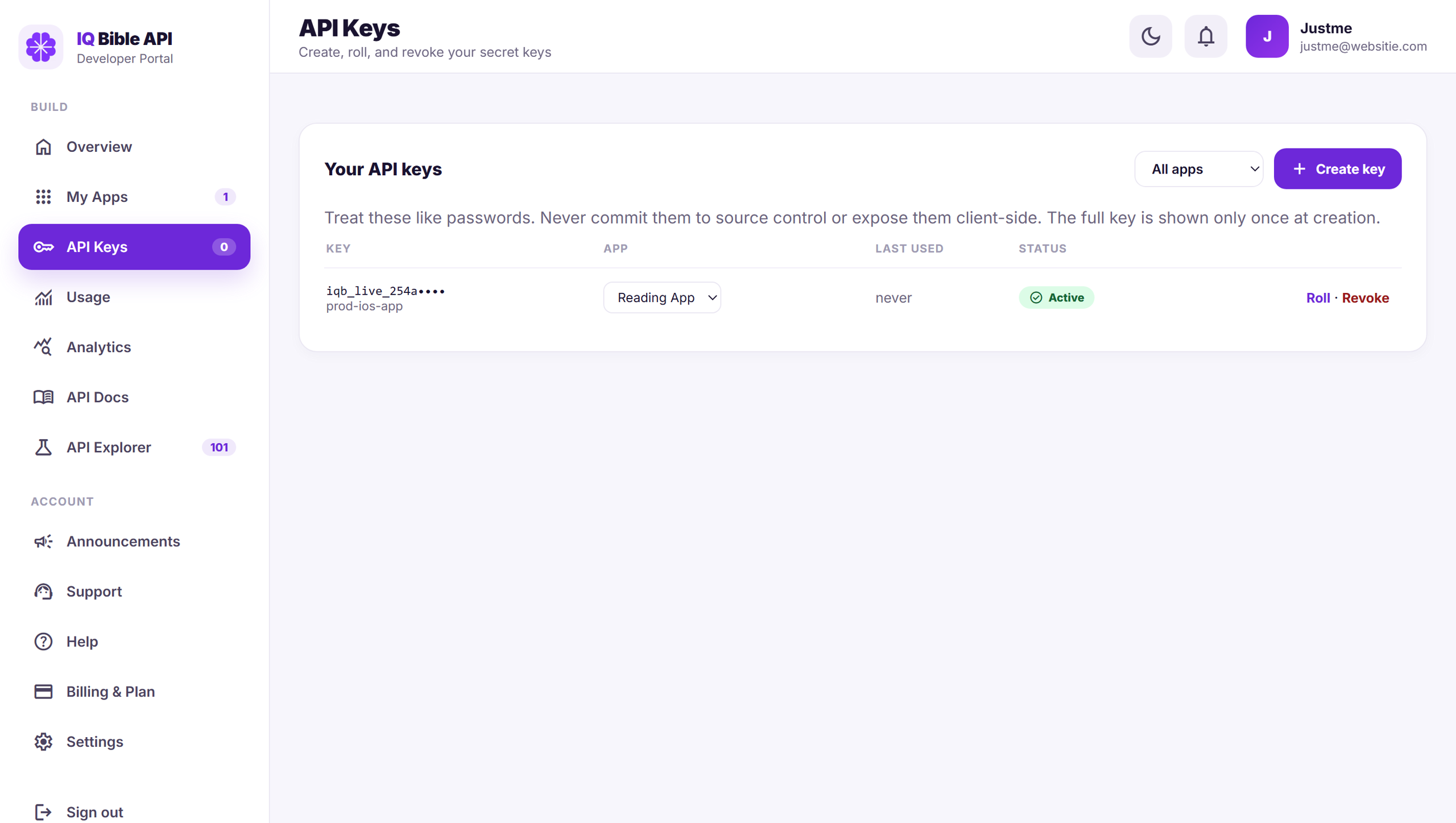 API Keys panel in the IQ Bible developer portal