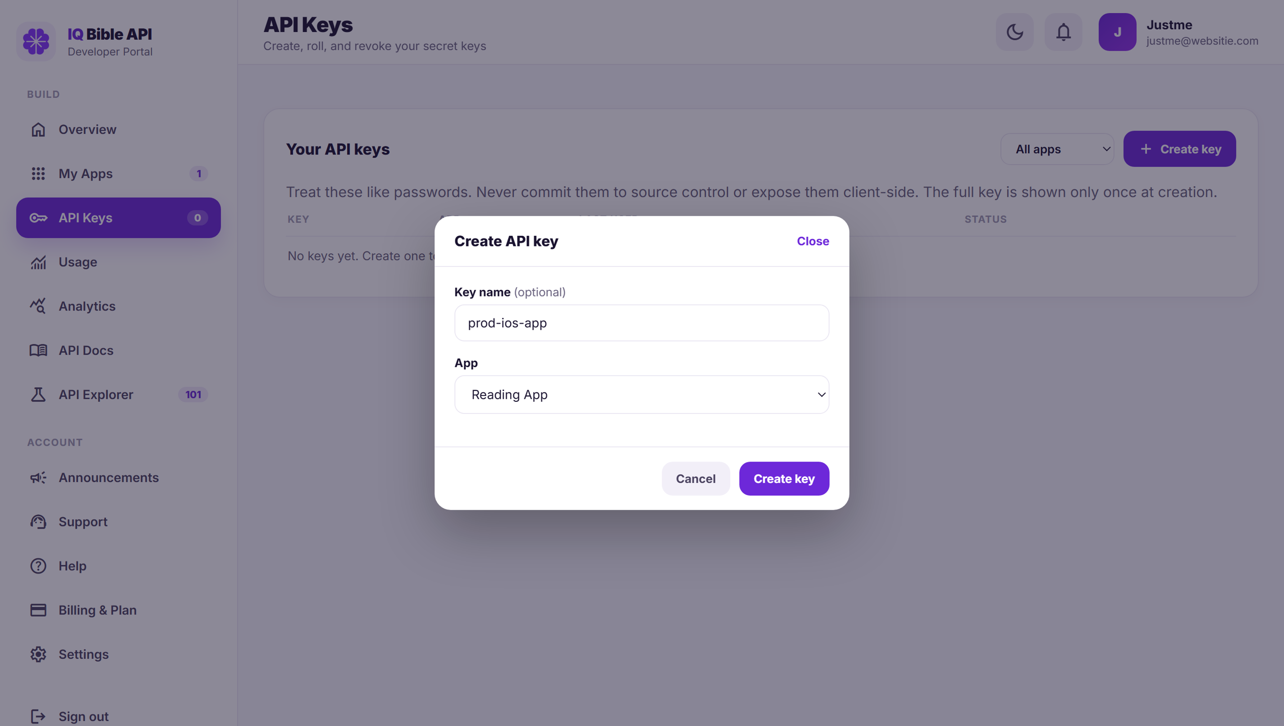 API Keys panel in the IQ Bible developer portal