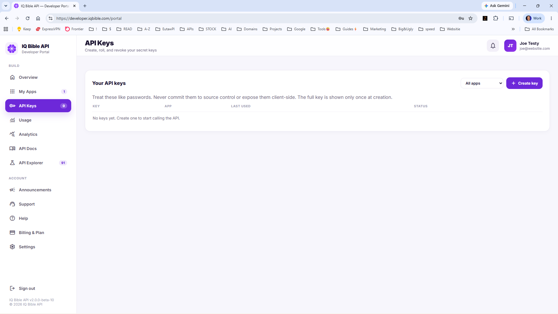 API Keys panel in the IQ Bible developer portal
