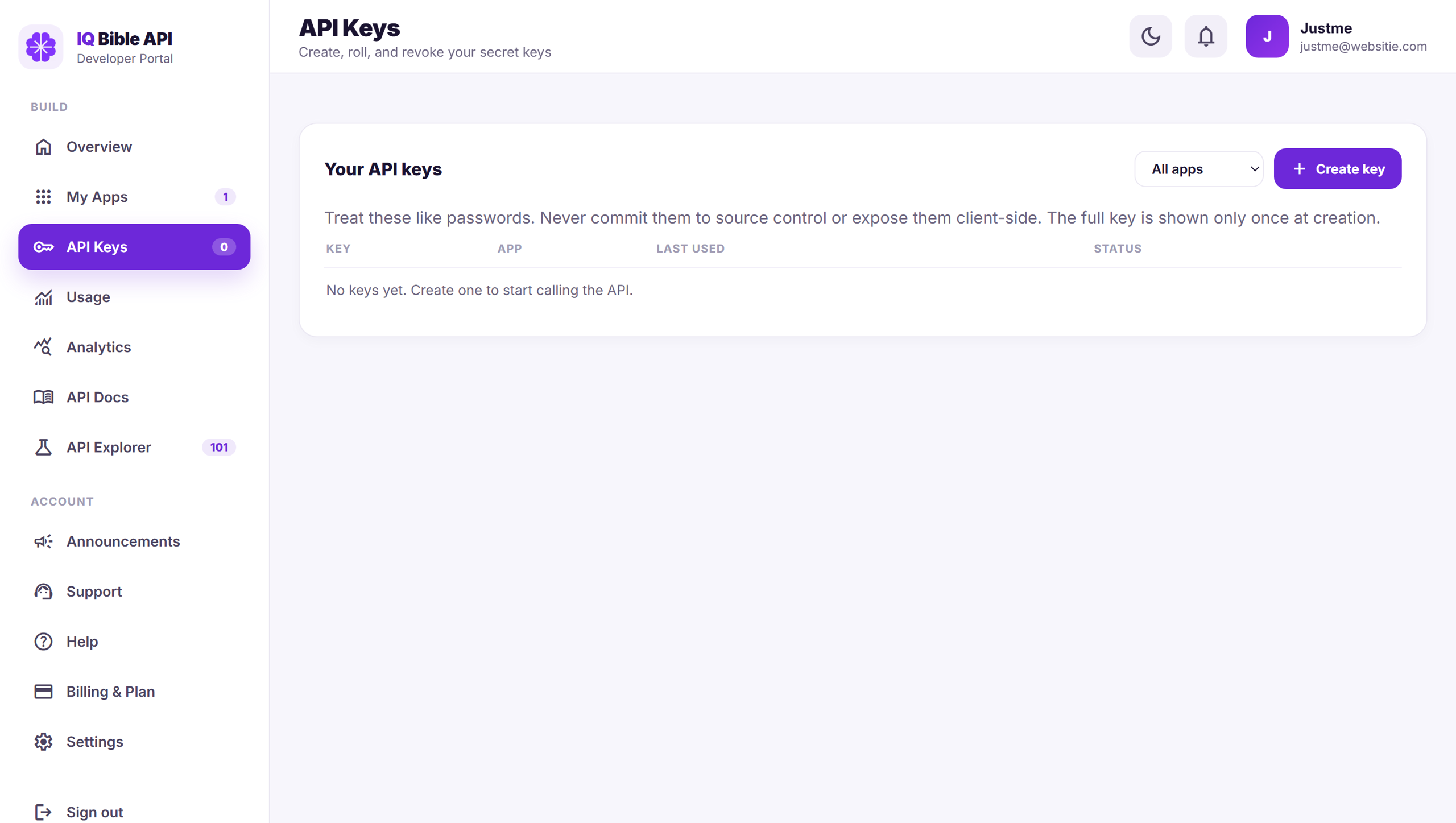 API Keys panel in the IQ Bible developer portal