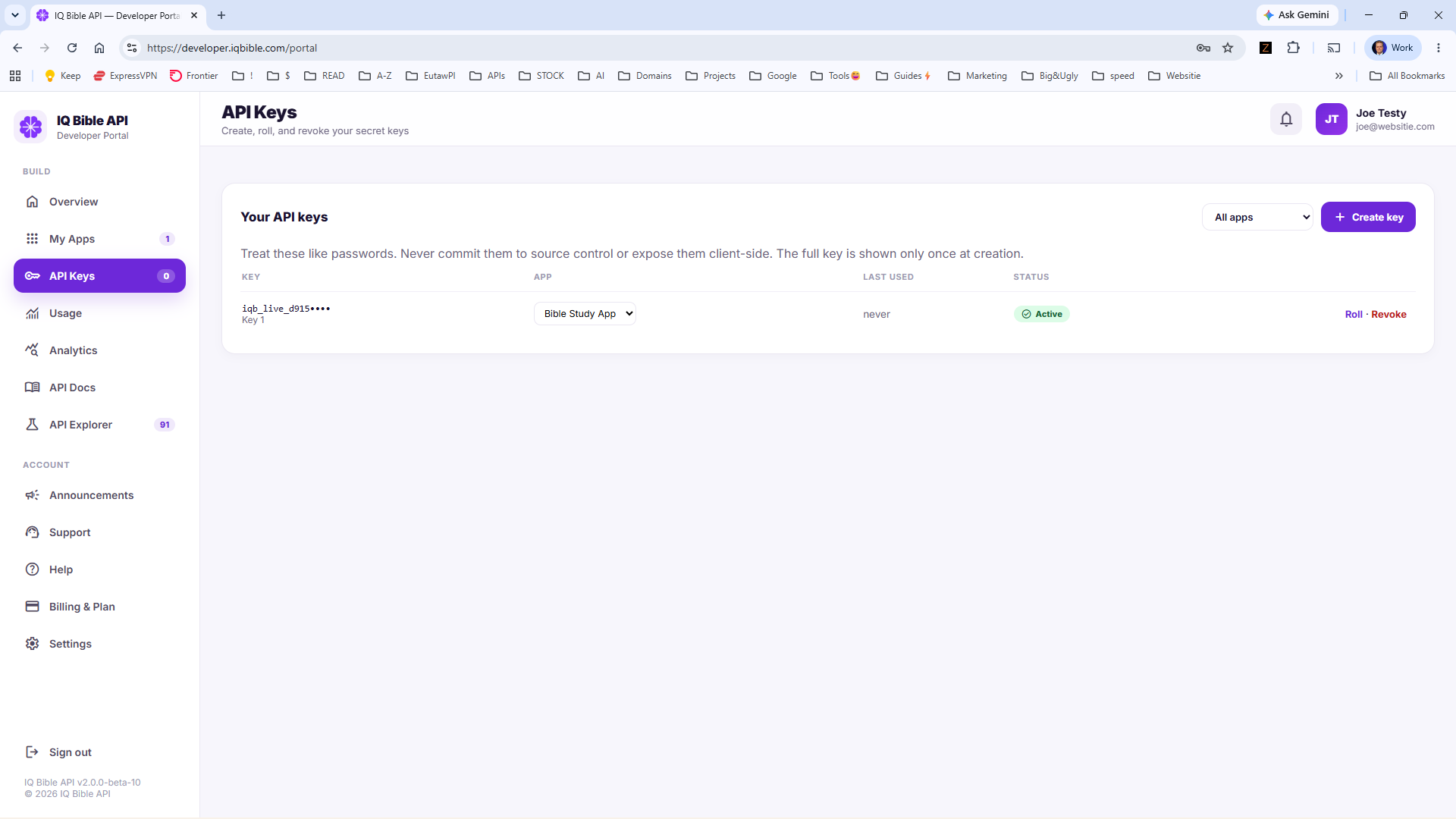 API Keys panel in the IQ Bible developer portal