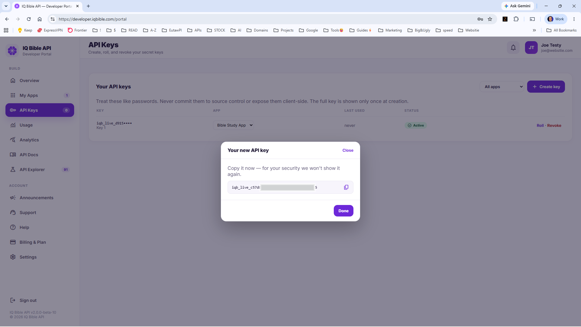API Keys panel in the IQ Bible developer portal