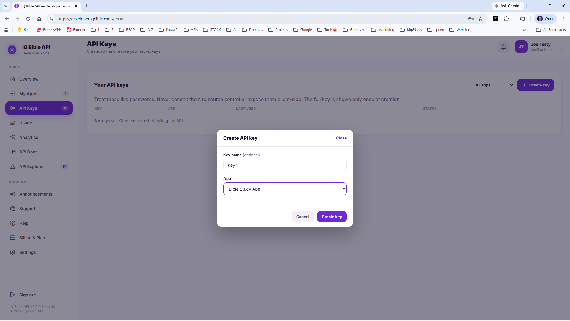 API Keys panel in the IQ Bible developer portal