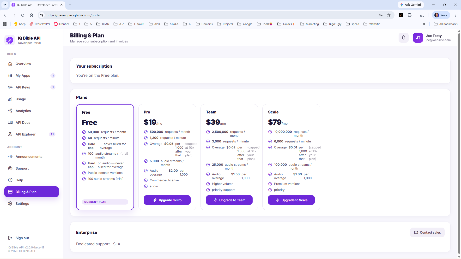 Billing & Plan panel in the IQ Bible developer portal