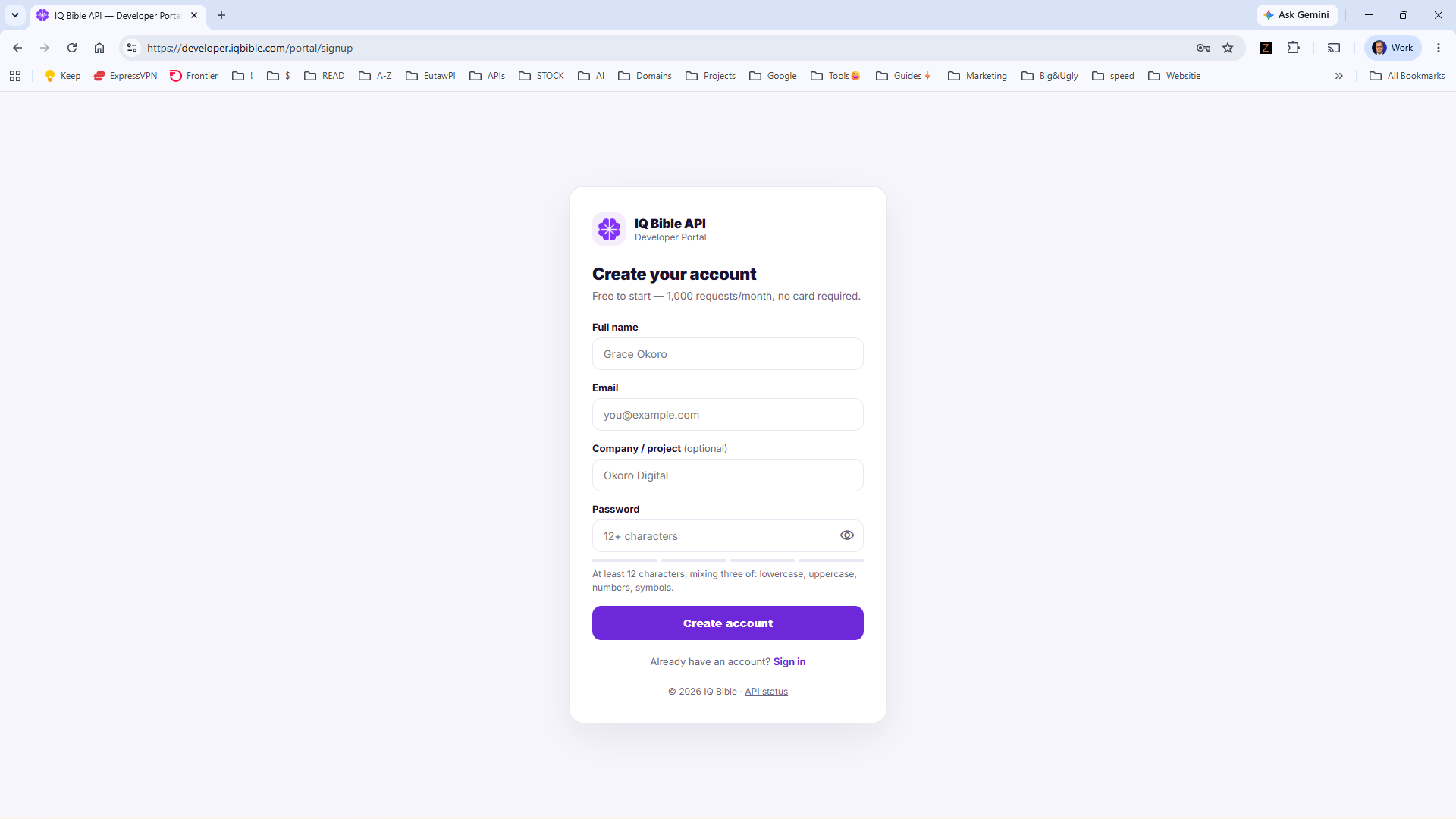 Getting started panel in the IQ Bible developer portal