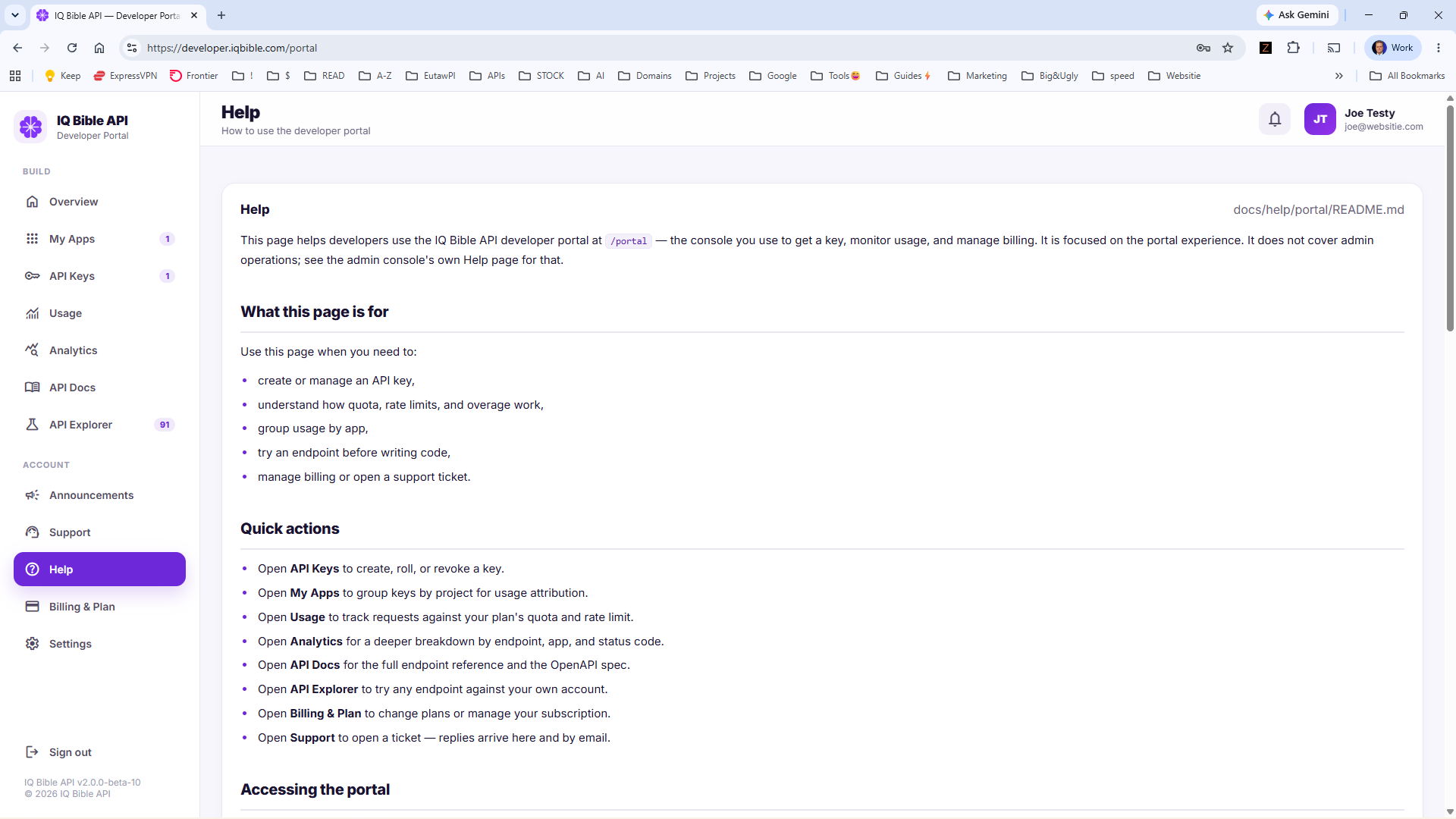 Help panel in the IQ Bible developer portal