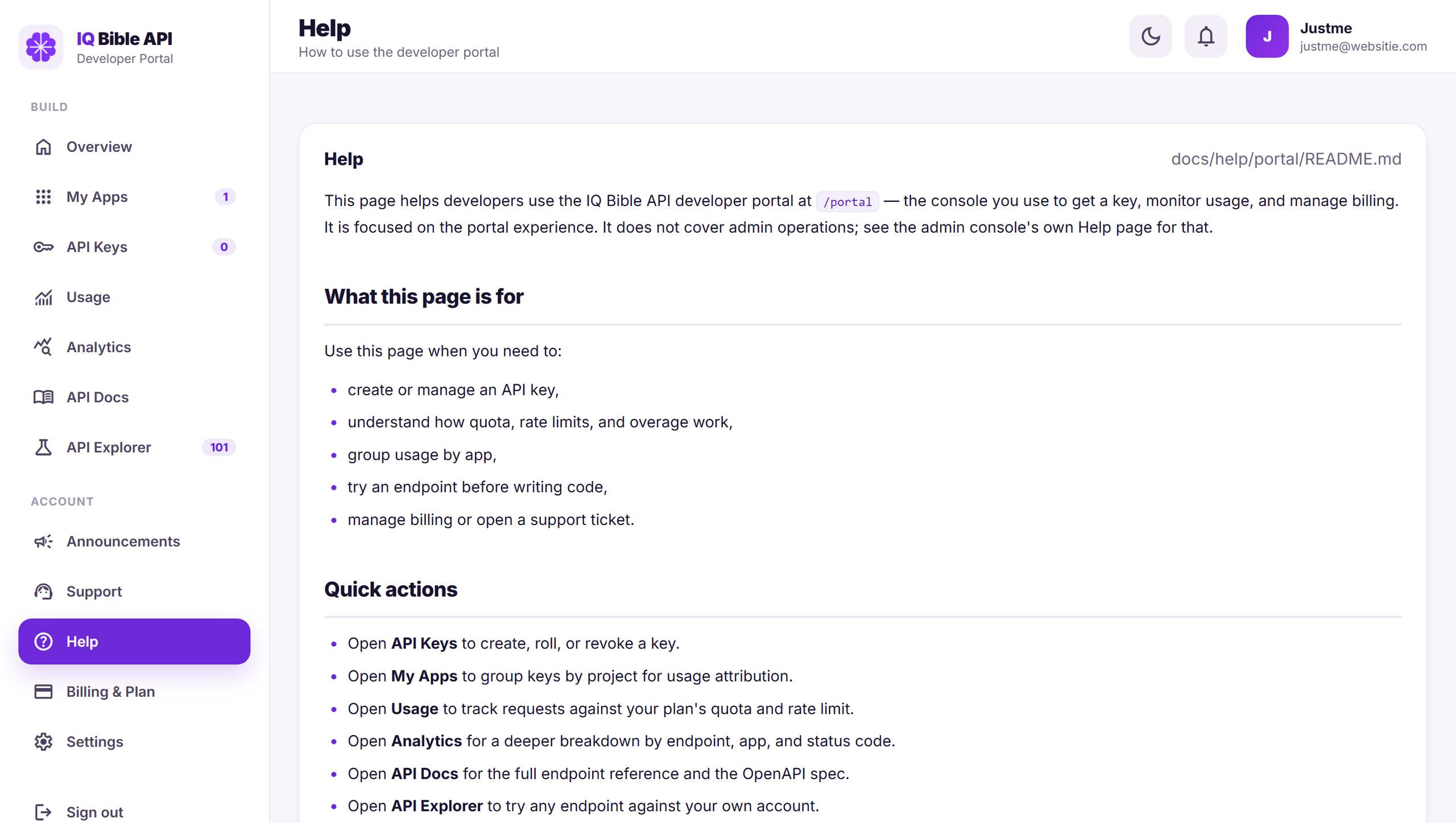 Help panel in the IQ Bible developer portal