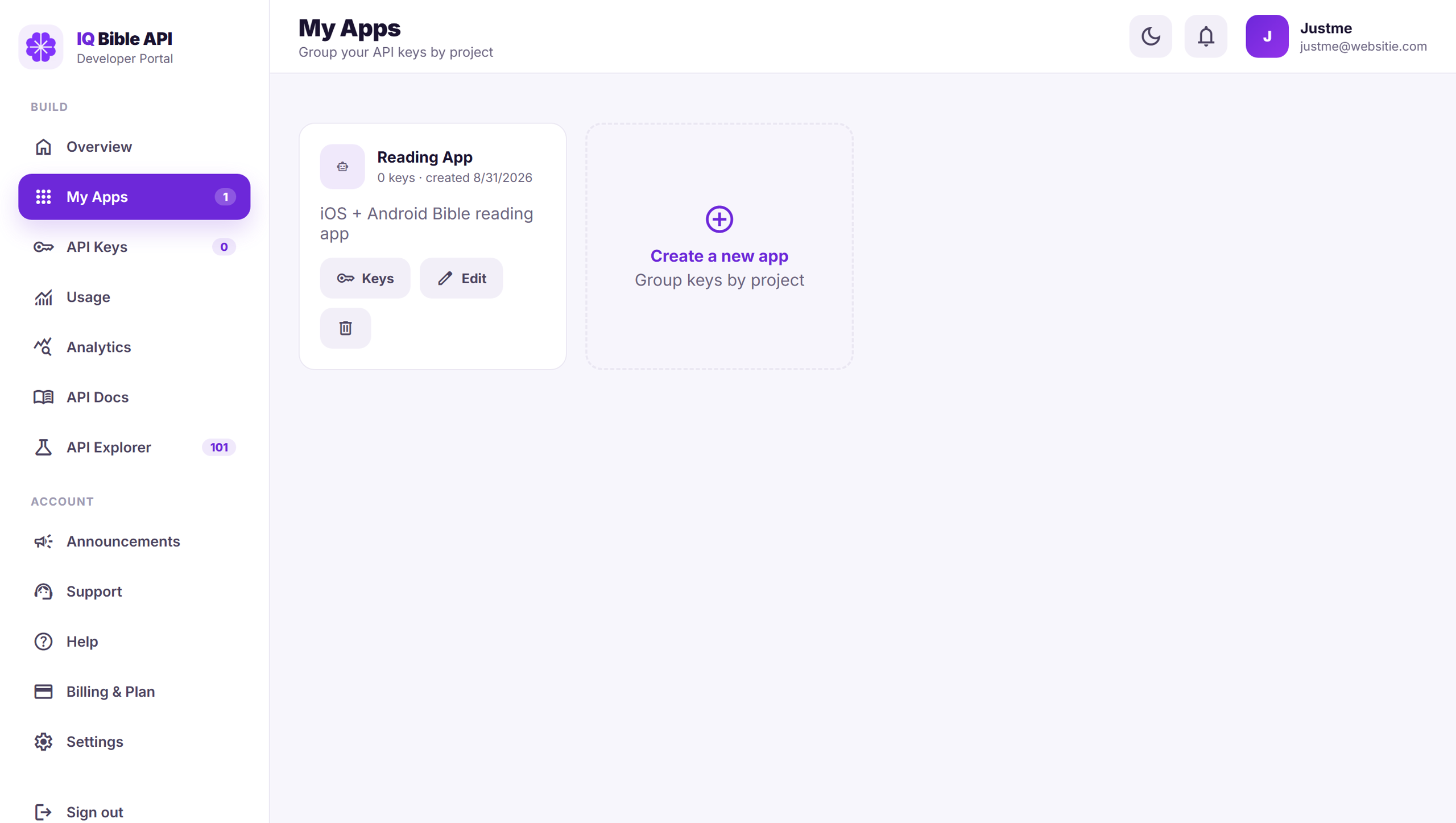 My Apps panel in the IQ Bible developer portal