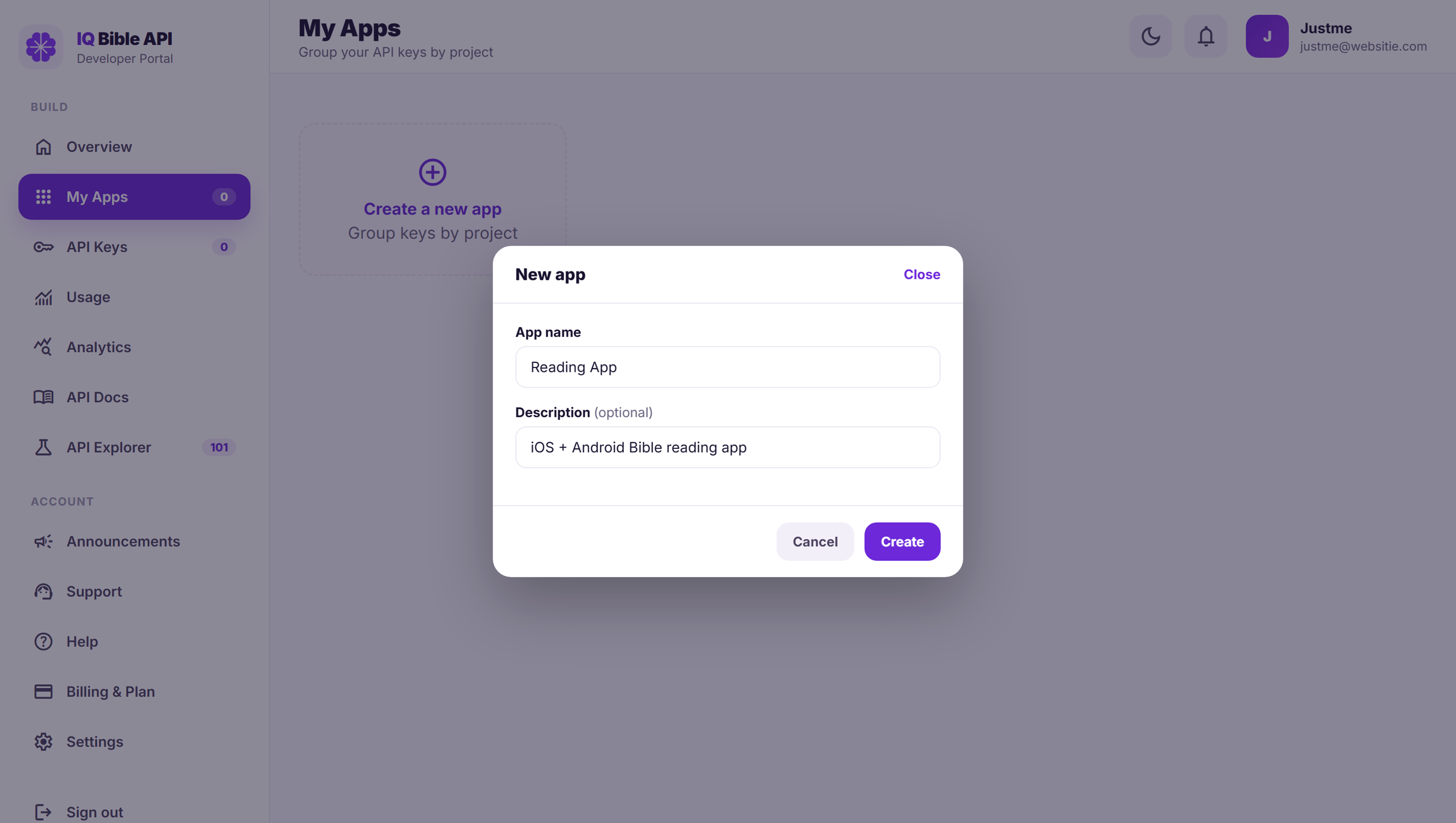My Apps panel in the IQ Bible developer portal