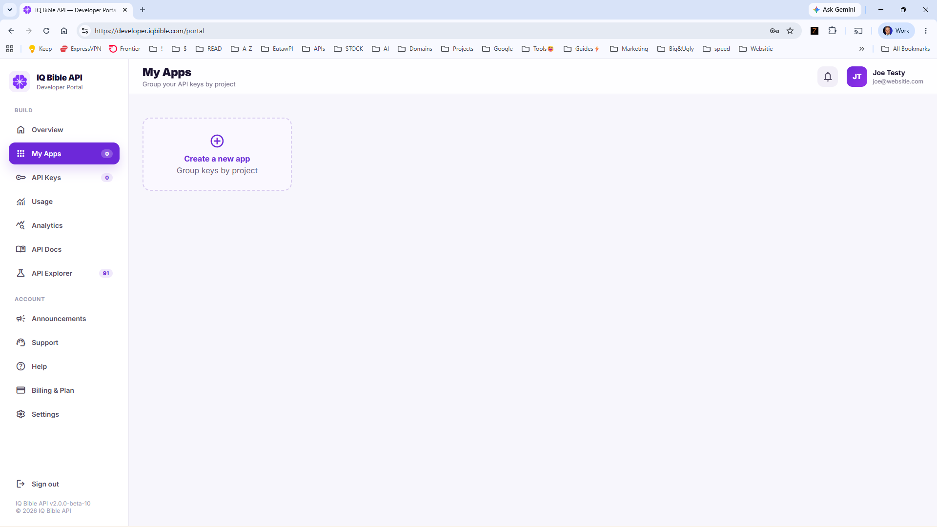 My Apps panel in the IQ Bible developer portal