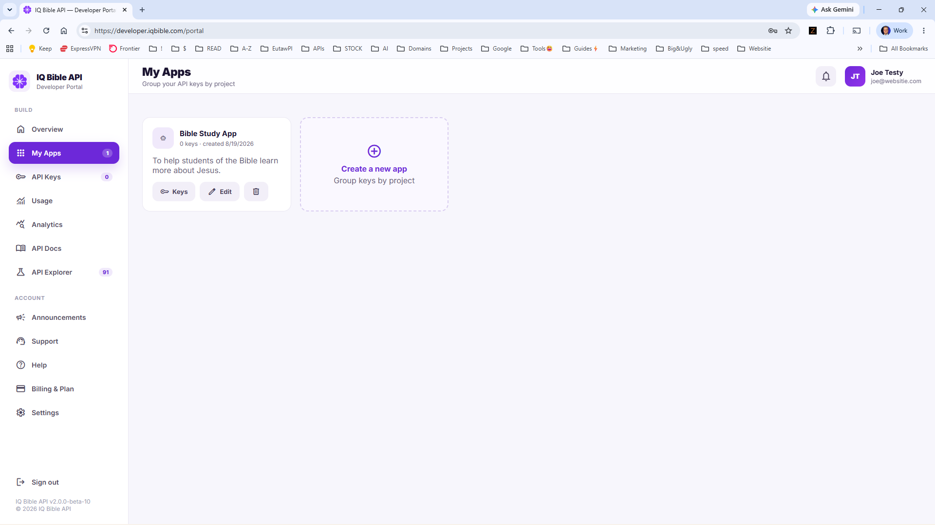 My Apps panel in the IQ Bible developer portal