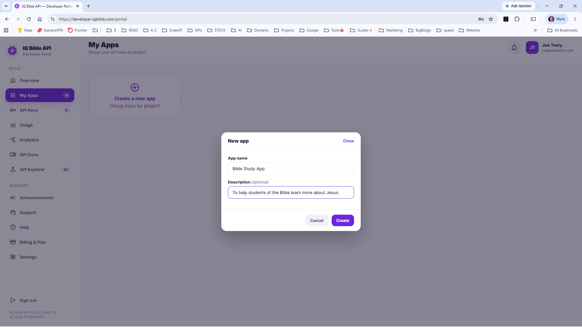 My Apps panel in the IQ Bible developer portal