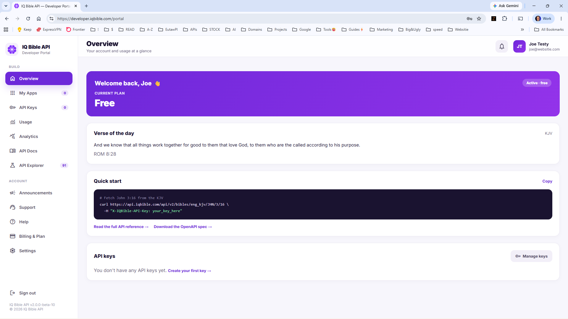 Overview panel in the IQ Bible developer portal