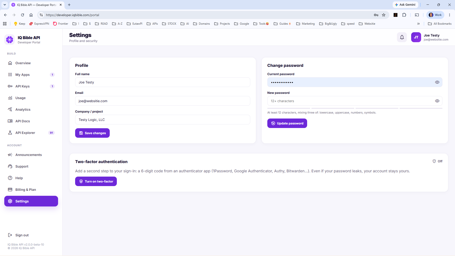Settings panel in the IQ Bible developer portal