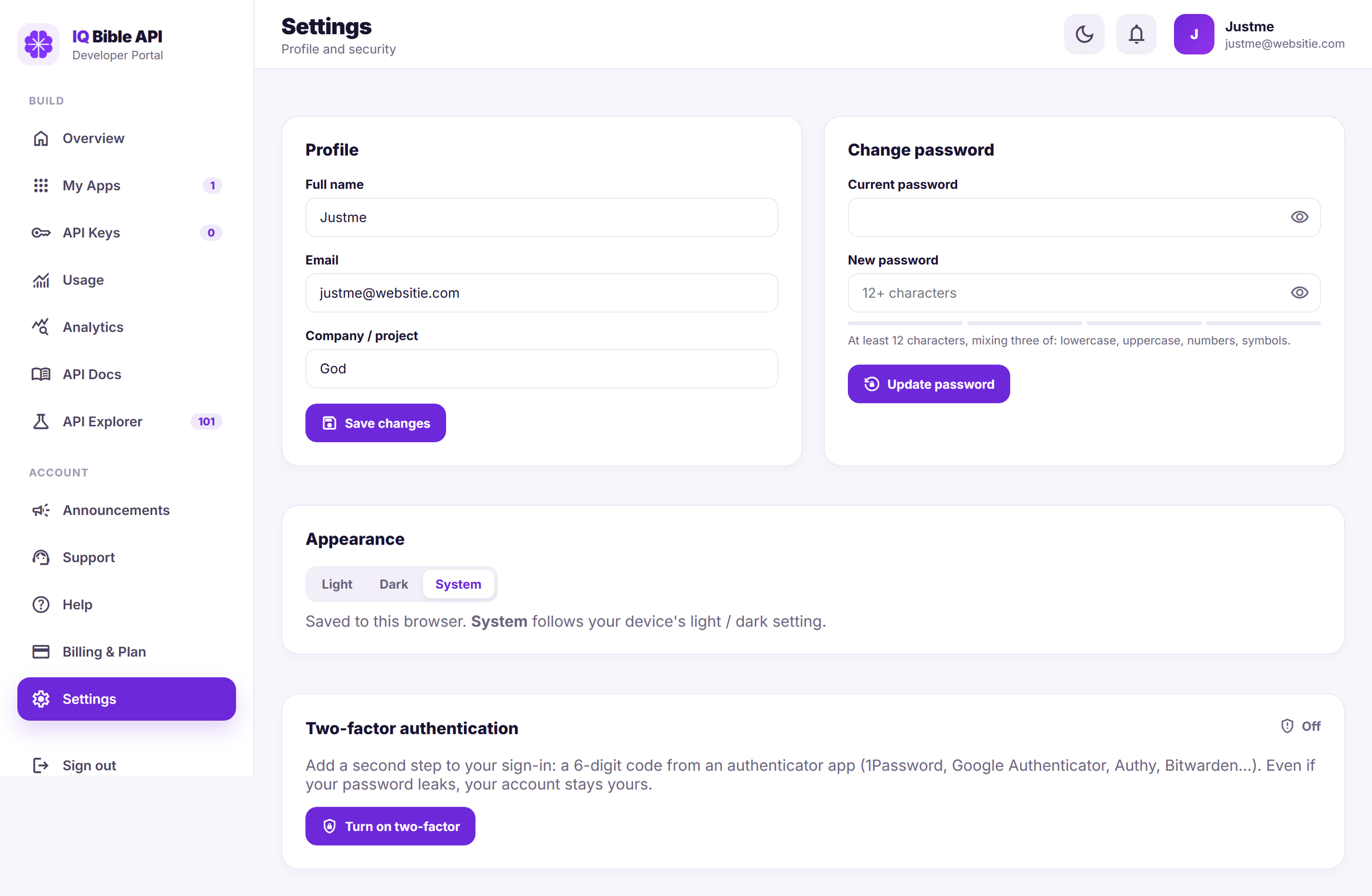 Settings panel in the IQ Bible developer portal