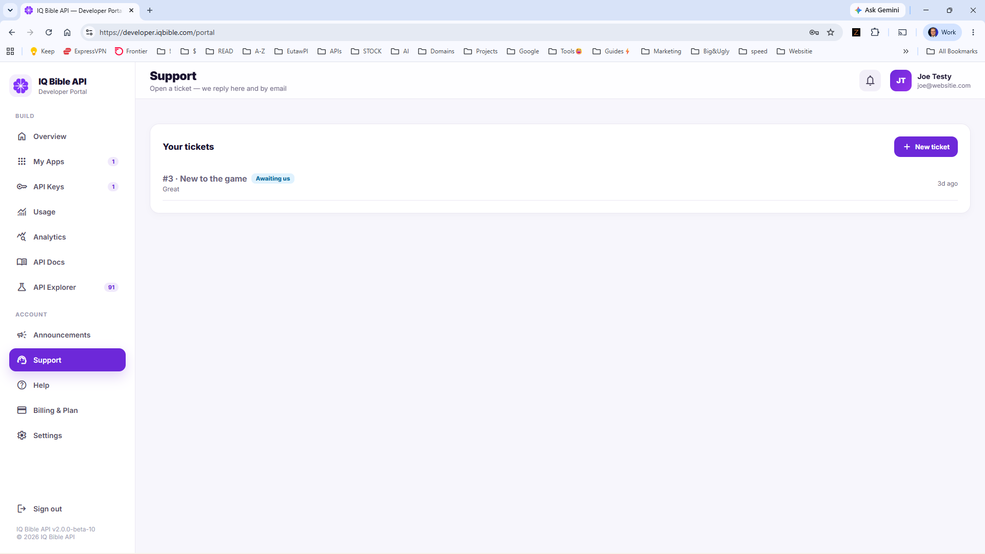Support panel in the IQ Bible developer portal