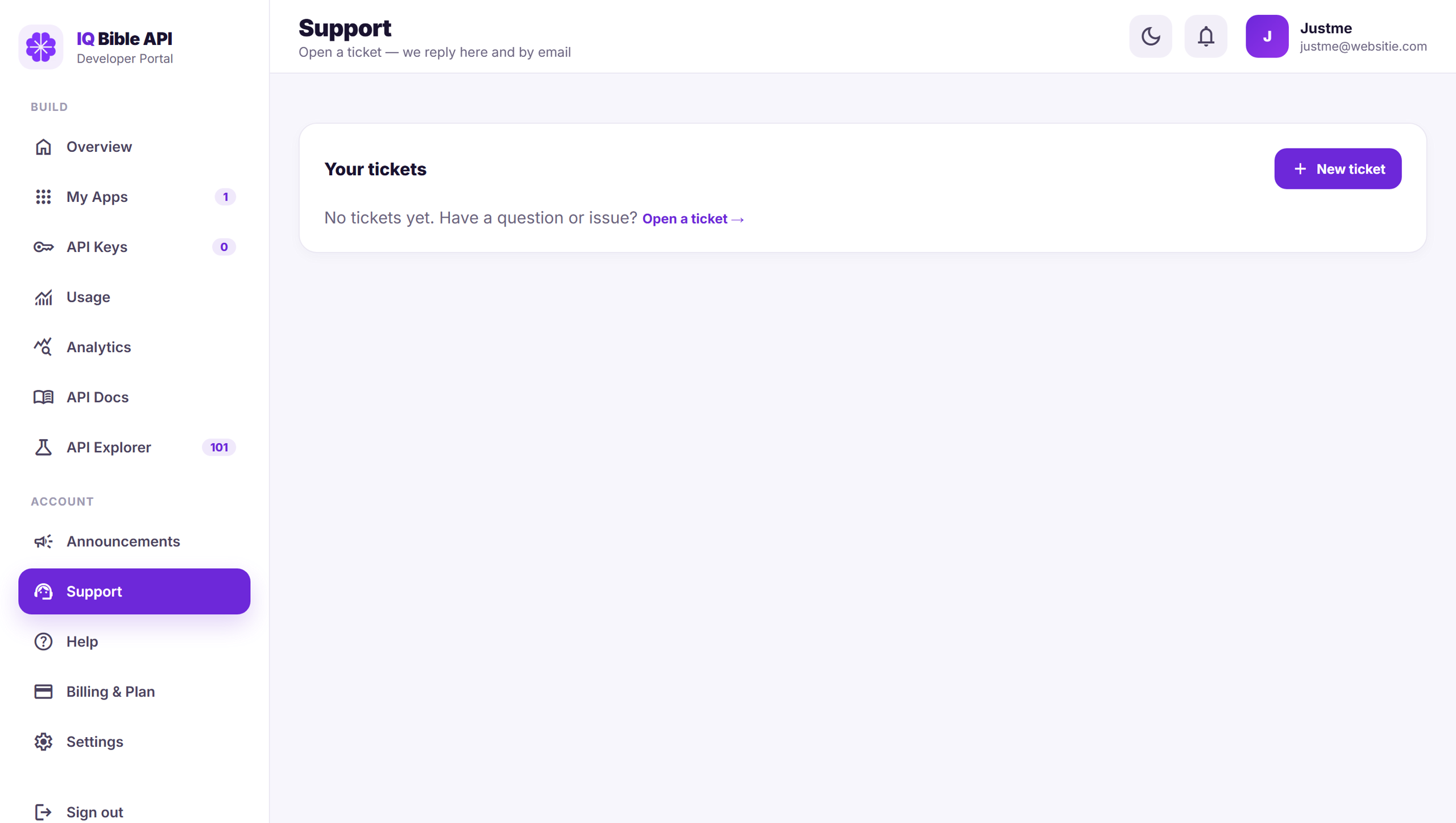 Support panel in the IQ Bible developer portal