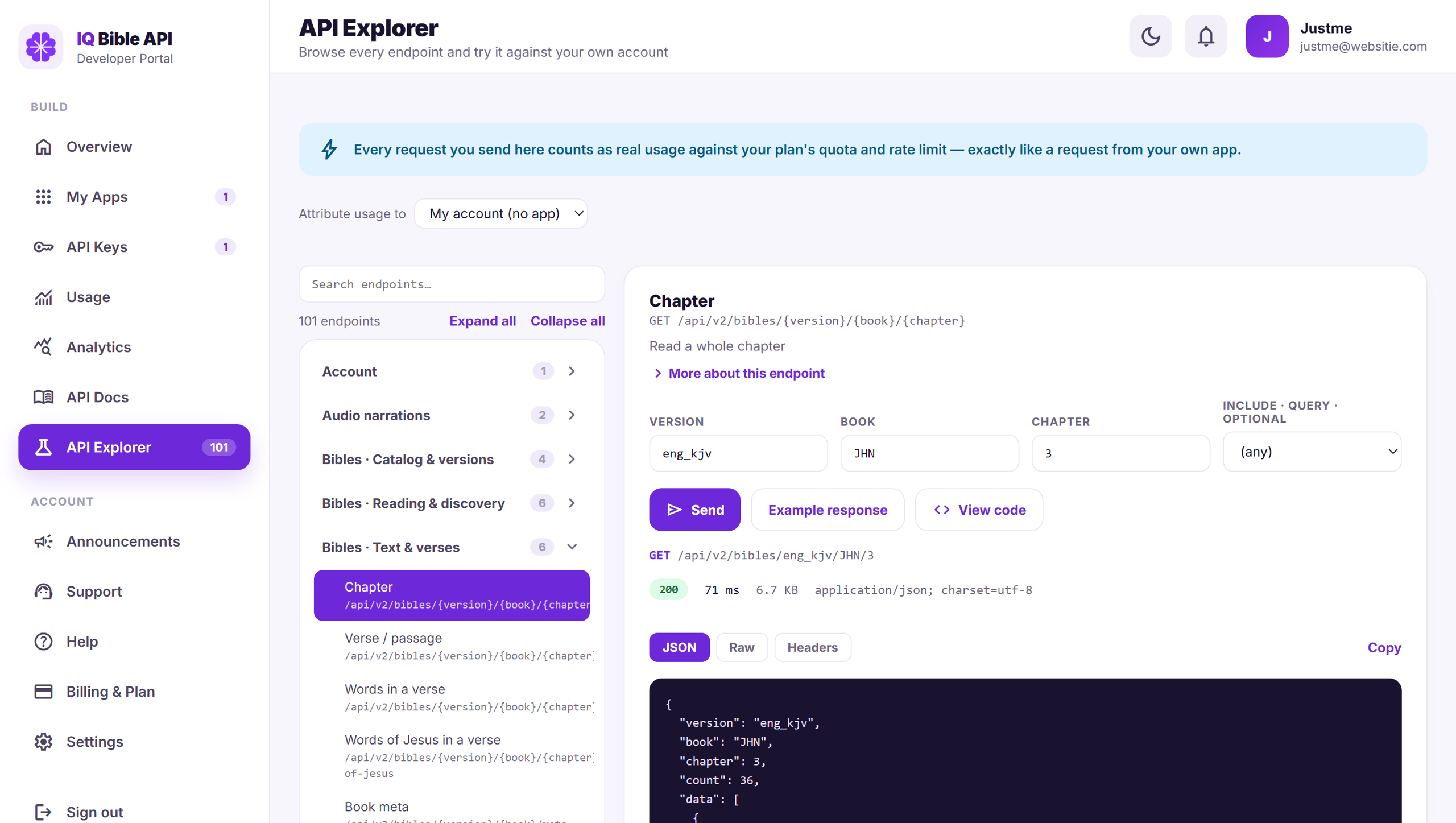 The API Explorer running a real request against the live API, with the JSON response inline
