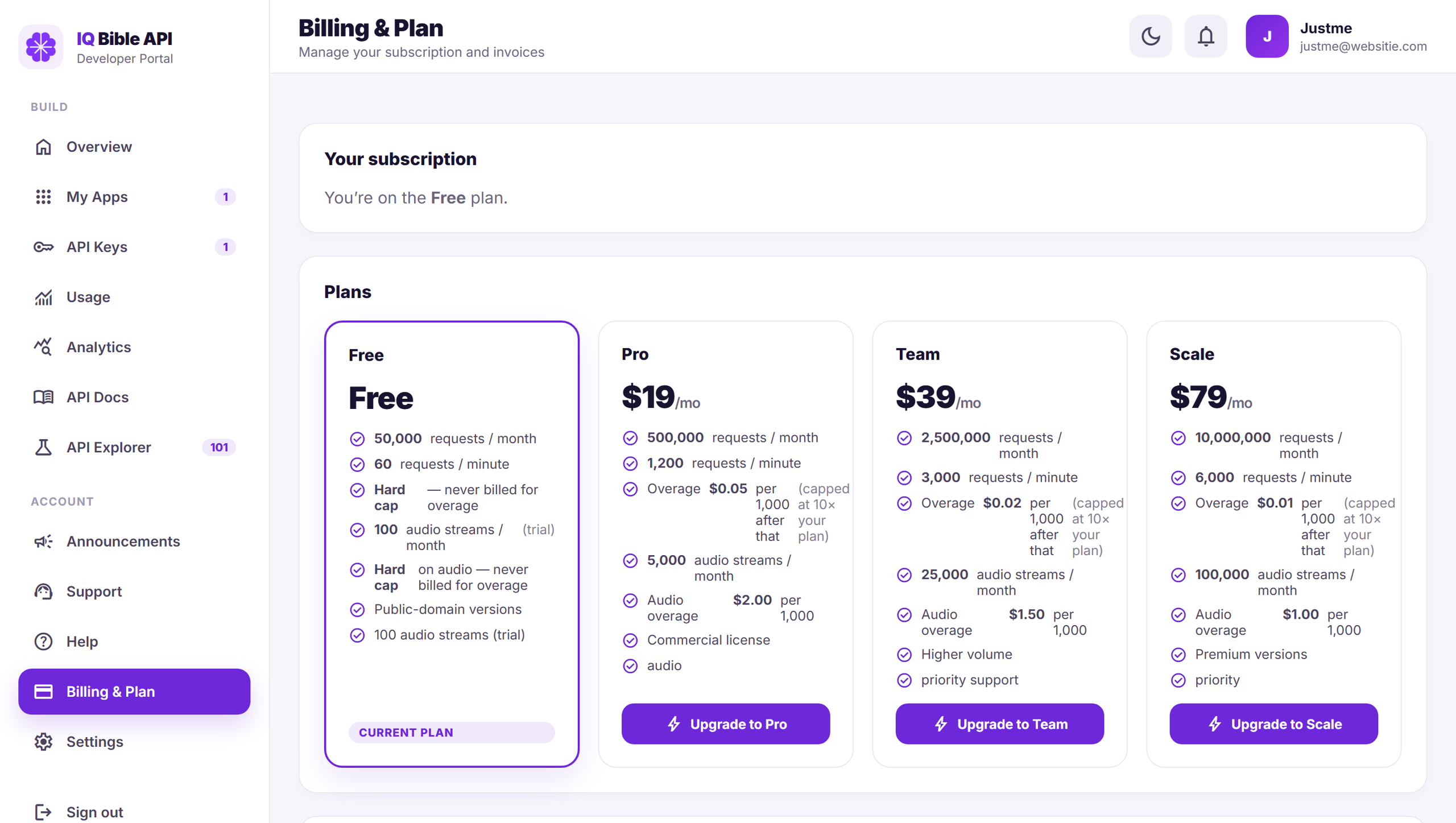 The Billing & Plan panel — Free, Pro, Team, and Scale tiers side by side with per-plan request limits and overage rates