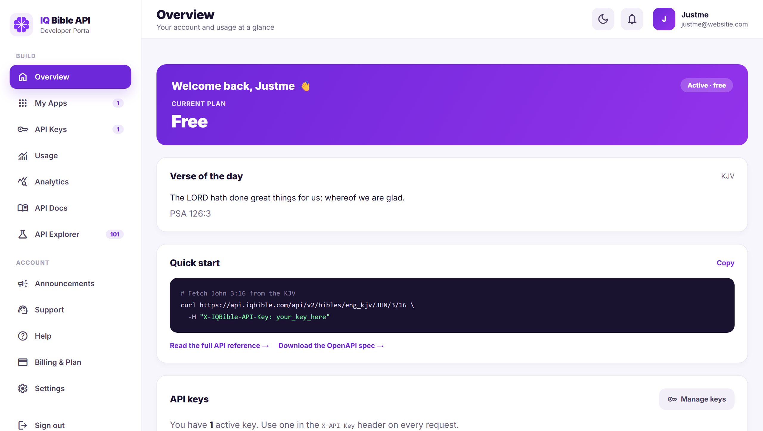 The IQ Bible developer portal overview, showing current plan, verse of the day, and a copy-ready quick-start request