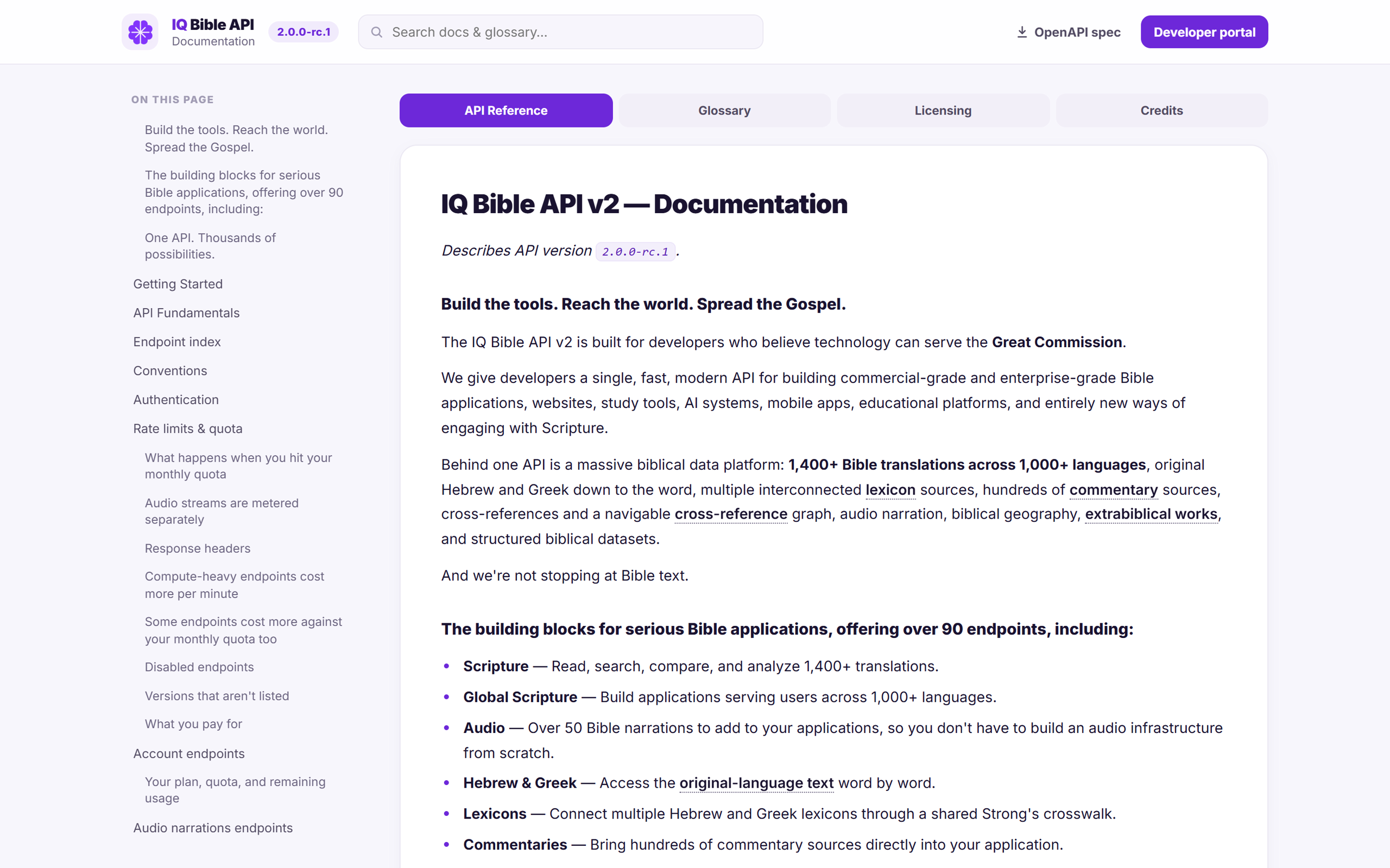 The public docs at api.iqbible.com/docs — the reference now describes API version 2.0.0-rc.1
