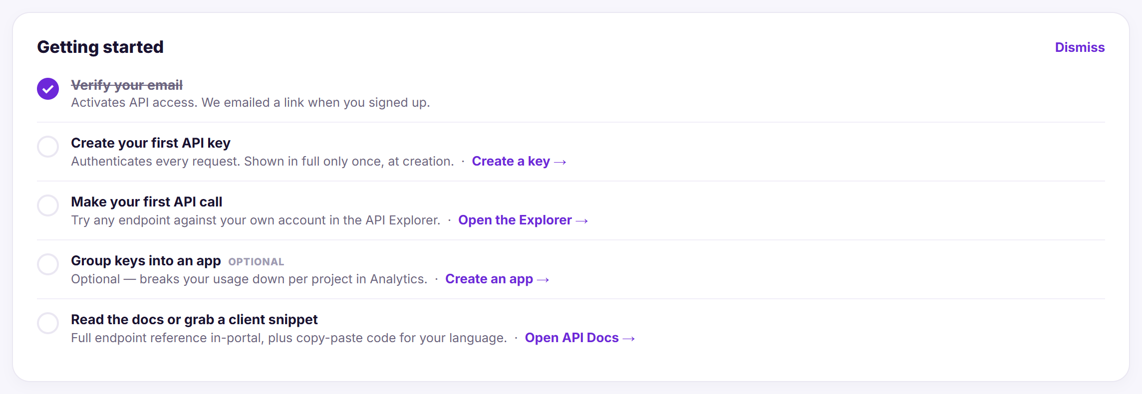 The Overview panel’s Getting Started checklist — verify email, create your first key, make your first call, group keys into an app, grab a client snippet