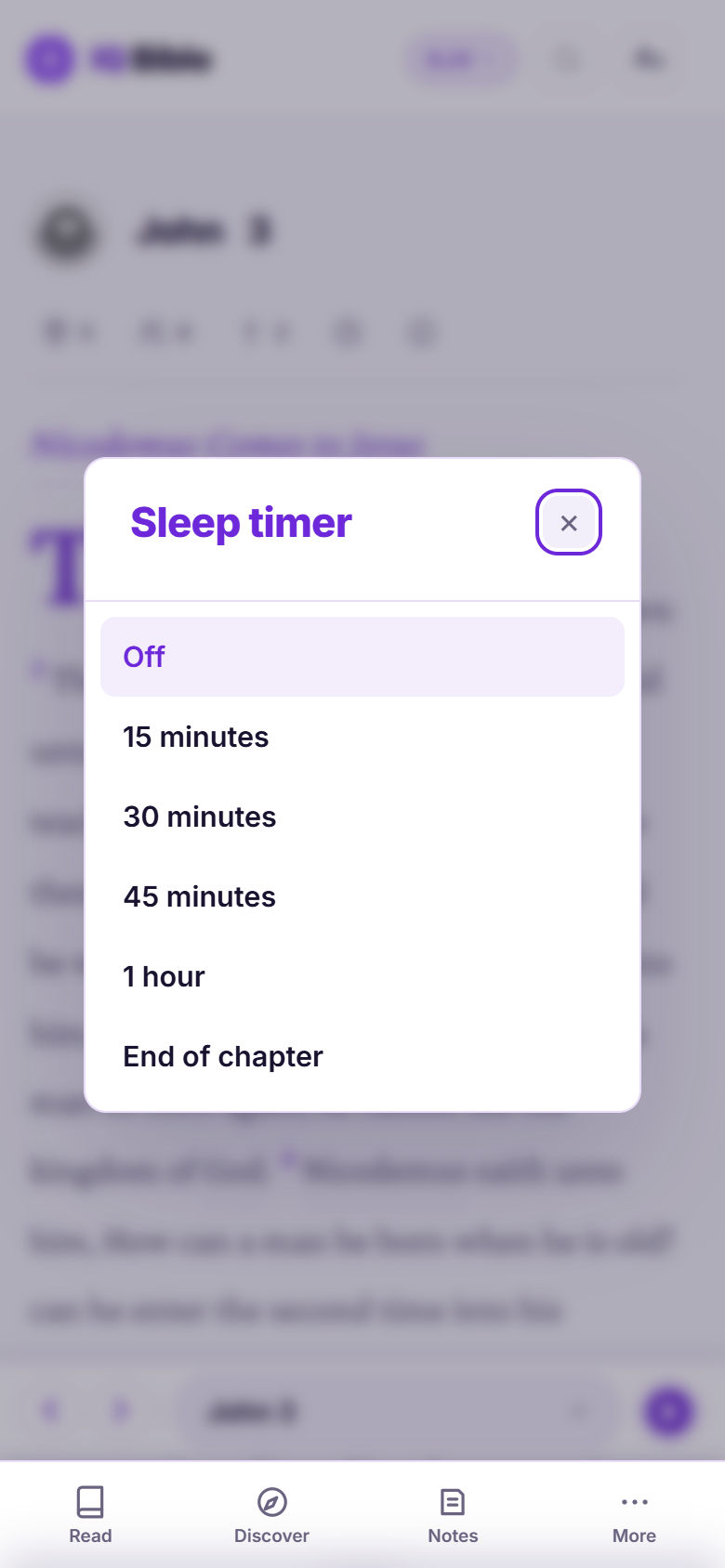 The sleep timer on a phone, offering Off, 15, 30, 45 minutes, 1 hour, and End of chapter