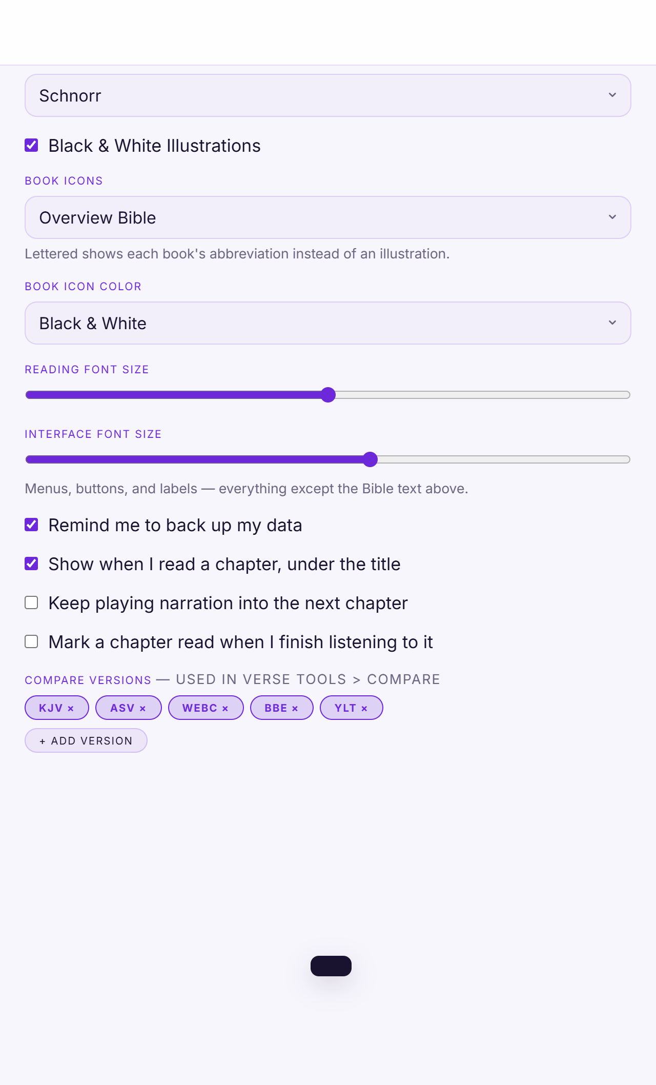 Narration settings, including continuous play and an option to mark a chapter as read once you finish listening