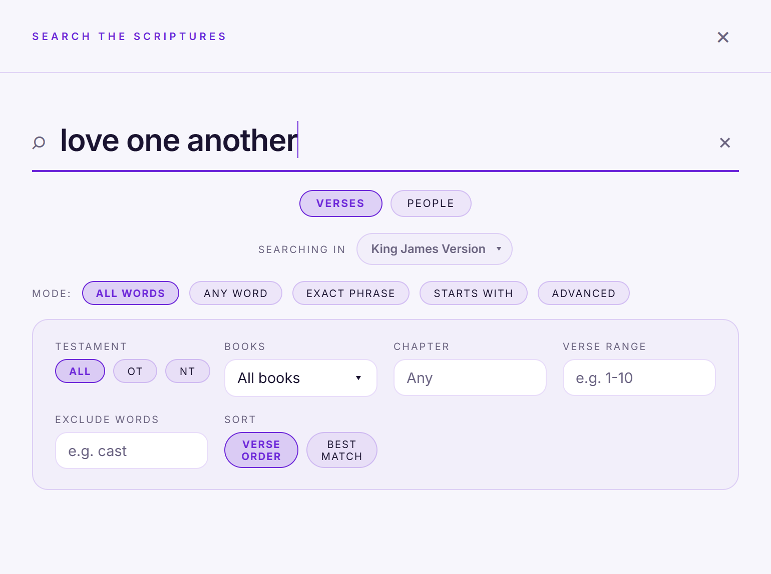 The redesigned Verses search panel, with match modes, testament and book filters, chapter and verse-range fields, a field for words to leave out, and a sort control