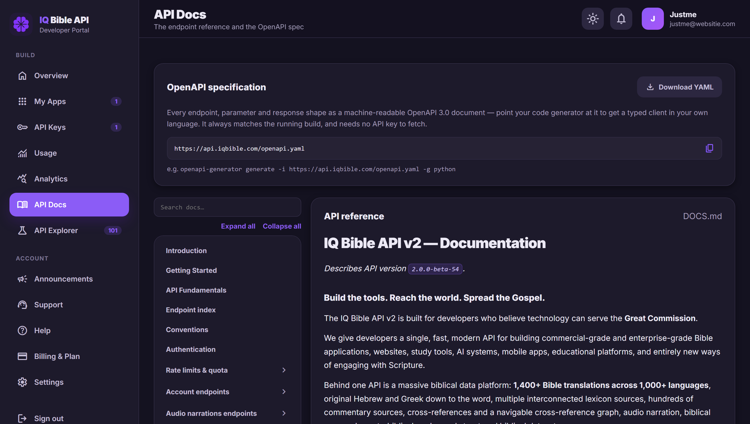 The portal&rsquo;s API Docs panel in dark mode — the category rail built from the reference headings, with its own search
