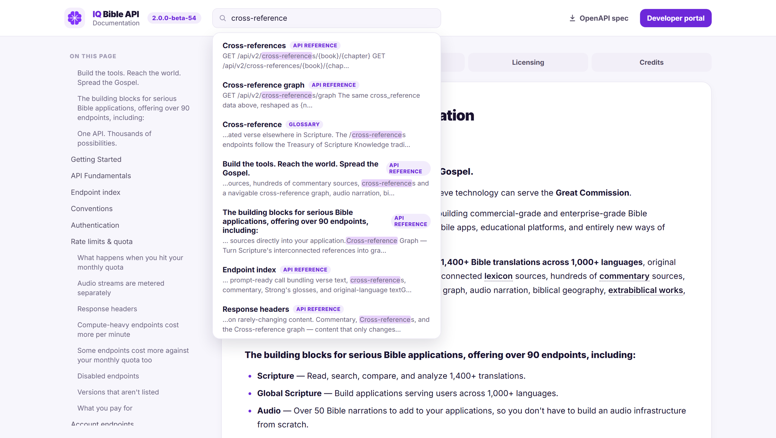 The docs search box open, ranking endpoint, section, and glossary matches together with highlighted snippet previews