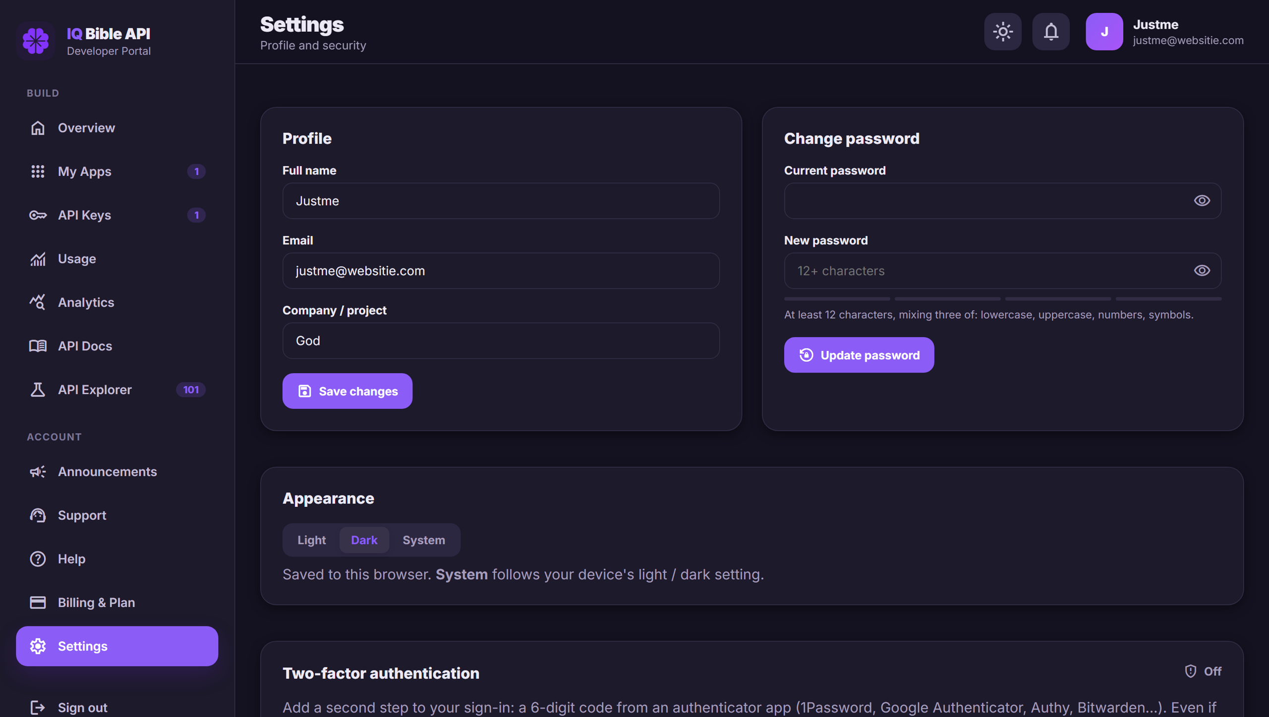 The developer portal’s Settings panel in dark mode, with the Light / Dark / System appearance control