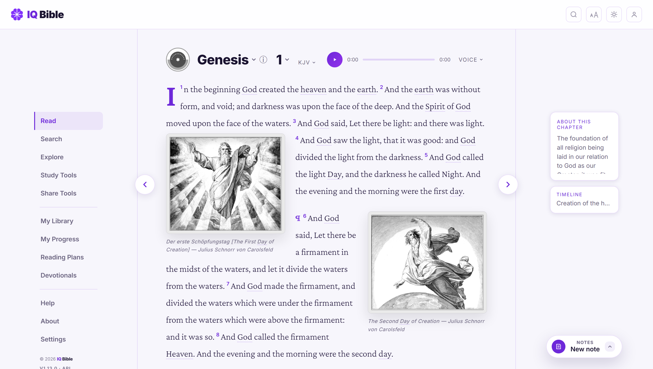 The IQ Bible reader open to Genesis 1 — drop cap, chapter illustrations, tap-to-look-up Strong’s words, and an “About this chapter” context rail