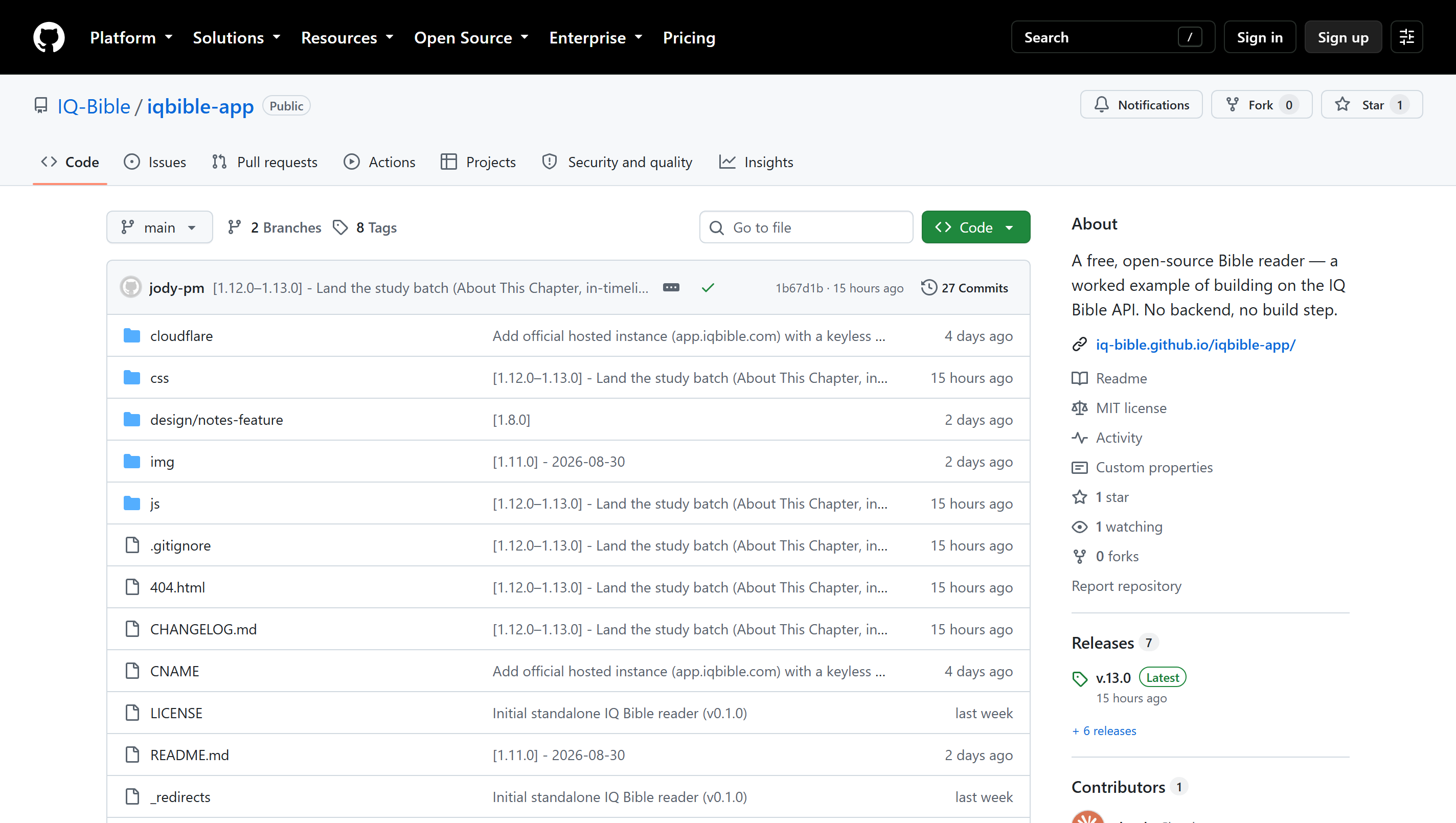 The iqbible-app repository on GitHub — MIT licensed, &ldquo;a worked example of building on the IQ Bible API. No backend, no build step.&rdquo;