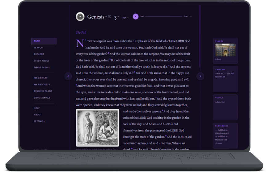 The IQ Bible study app open to a passage with study tools