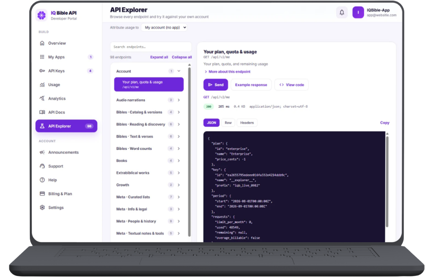 The IQ Bible API developer portal showing endpoints and responses